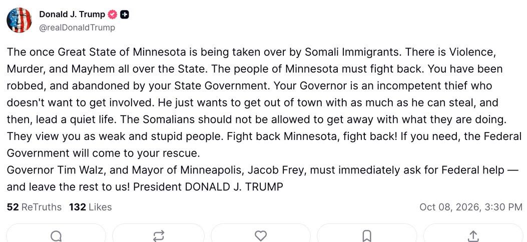 Trump Tells Minnesota to “Fight Back” Against Somali Immigrants in Alarming Presidential Statement
